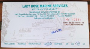 Ticket für die Fahrt mit der M.V. Frances Barkley